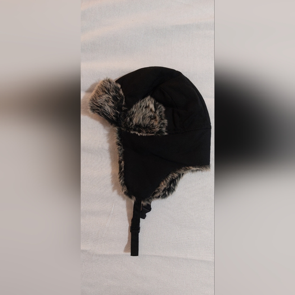 Men's Black Faux Fur Trapper Hat with Chin Strap